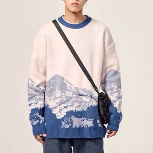Aelfric Eden Mountain Print Sweater Unisex Men’s Large Cream Blue
